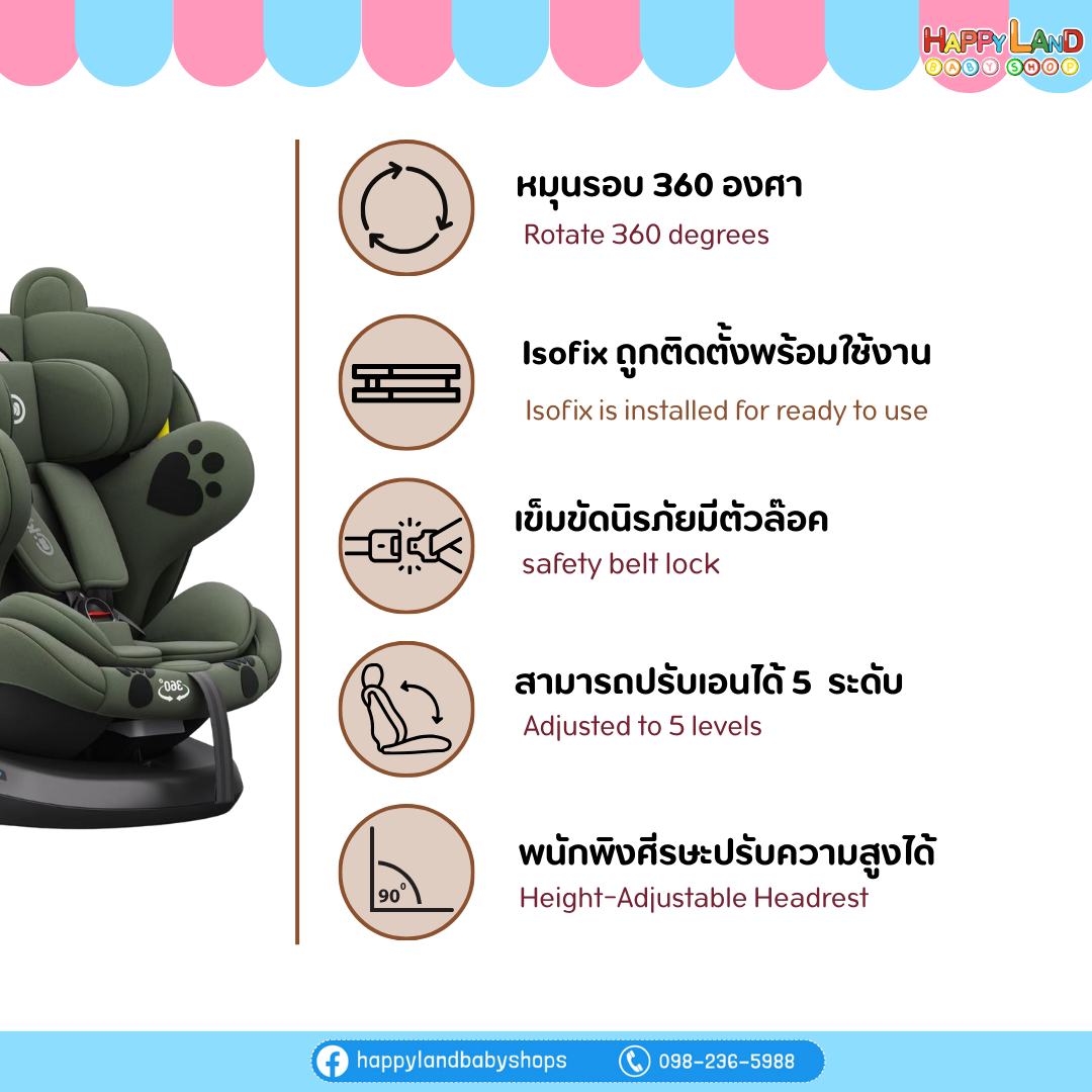 คาร์ซีท Kidilo 946 - ดีไซน์สุดหรู น้องหมีสุดนิ่ม หมุนรอบ 360 องศา - Image 3
